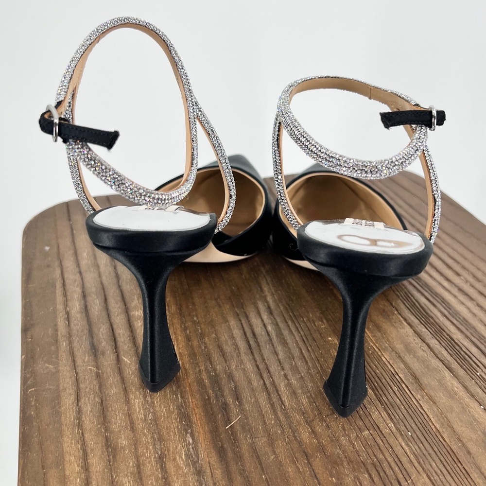 Badgley Mischka Kamilah Black Satin Crystal Ankle Strap Heels NWT 7.5 - Picture 3 of 10